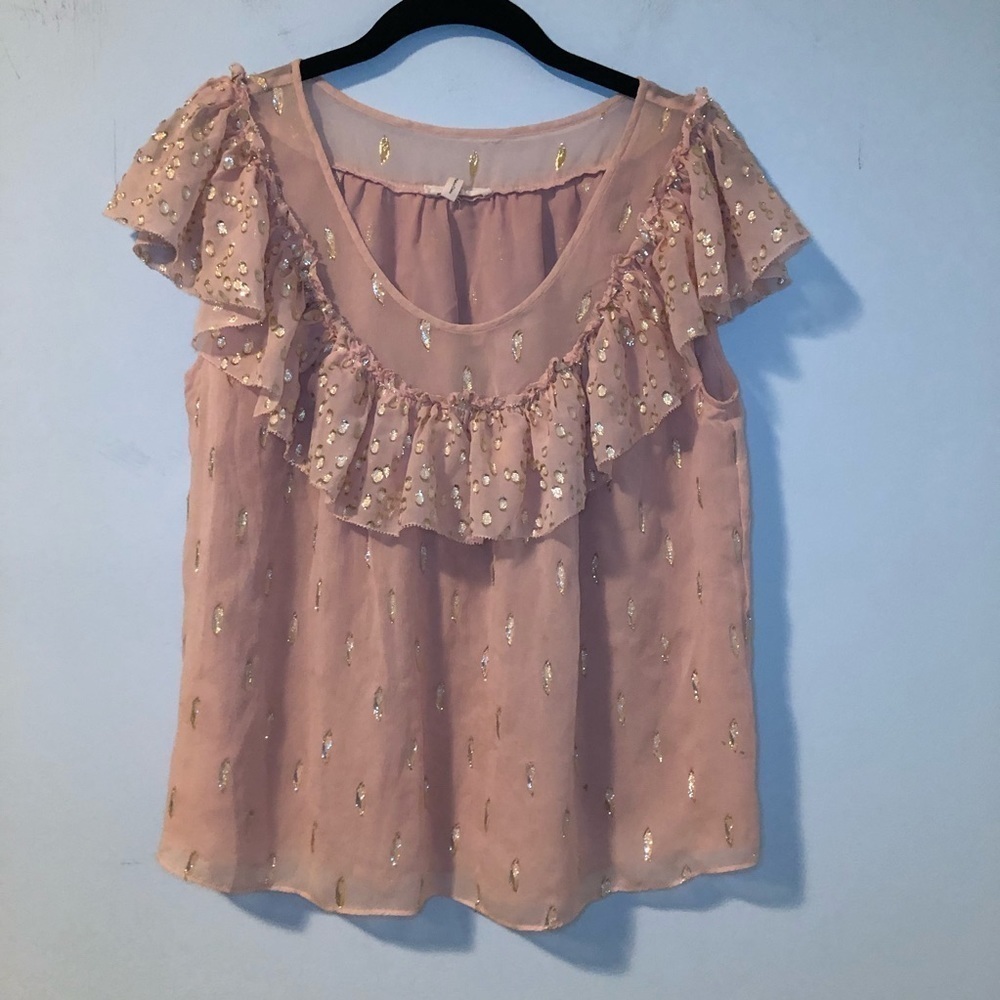 Rebecca Taylor Silk Pink & Gold Ruffled Sleeveless Blouse Size 6